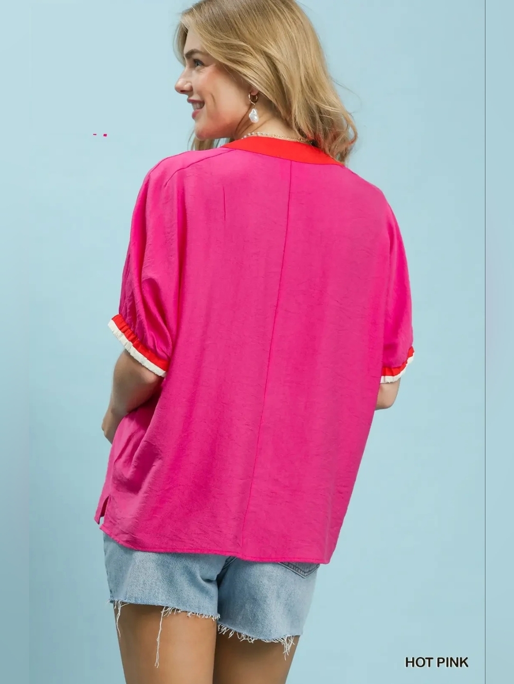 Umgee Embroidered Floral V-Neck Short Sleeve Blouse with Contrast Trim - Picture 5 of 8